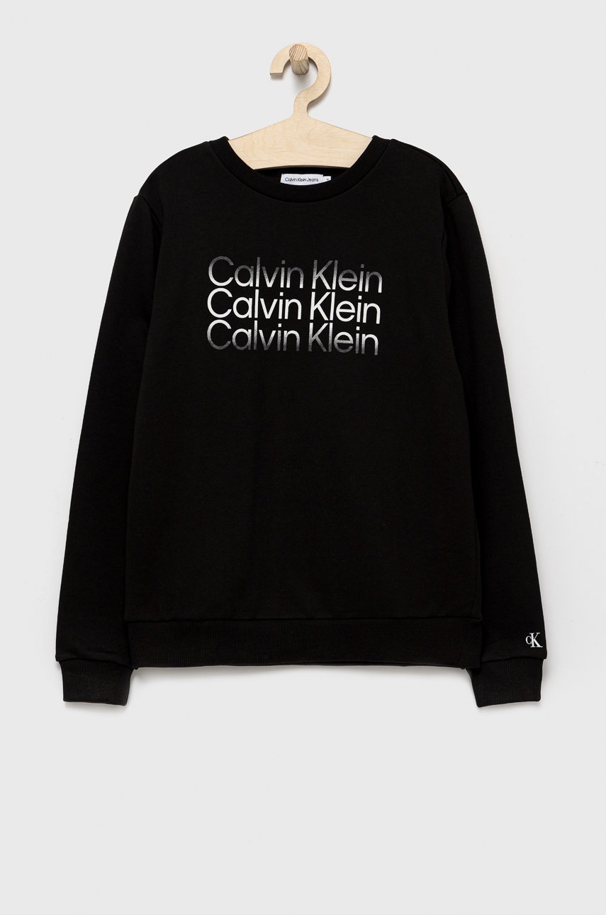 

Детски памучен суичър Calvin Klein Jeans в черно с принт, Черен