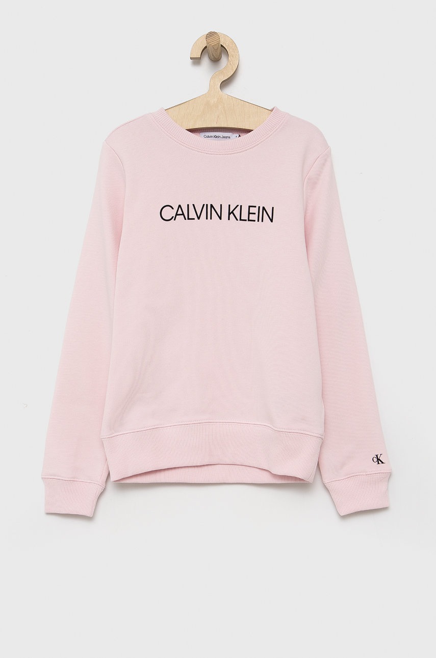 

Детски памучен суичър Calvin Klein Jeans в розово с принт, Розов
