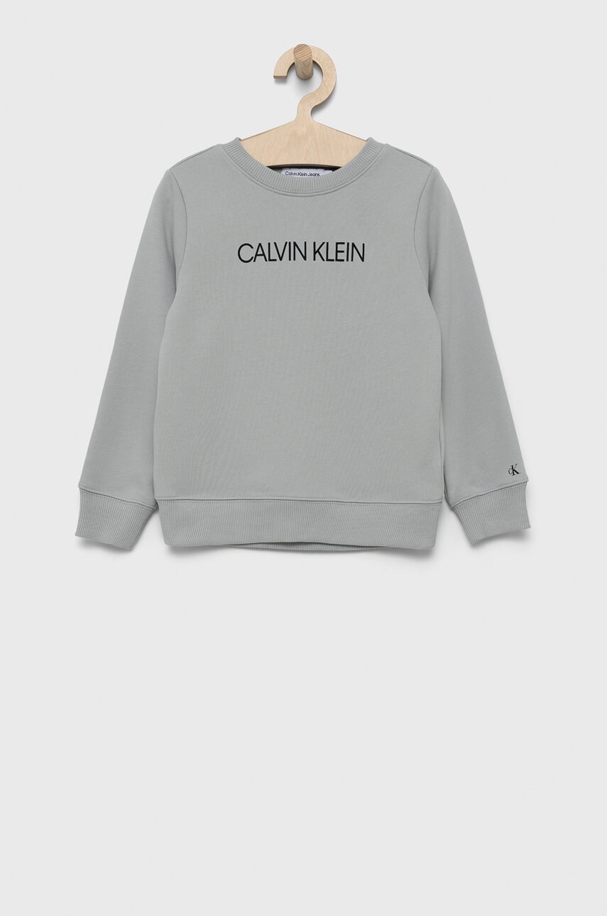 

Детски памучен суичър Calvin Klein Jeans в сиво с принт, Сив