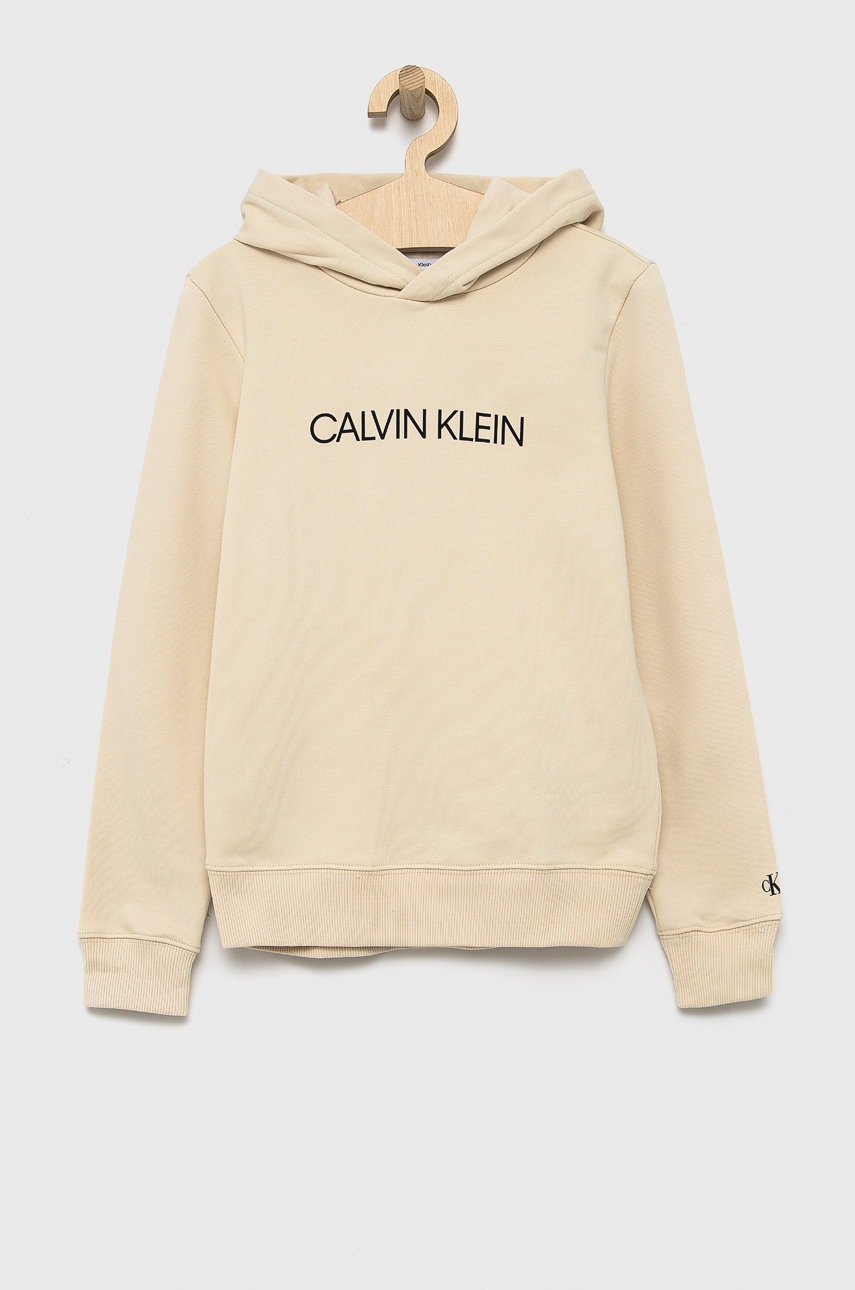 

Детски памучен суичър Calvin Klein Jeans в бежово с принт, Бежов