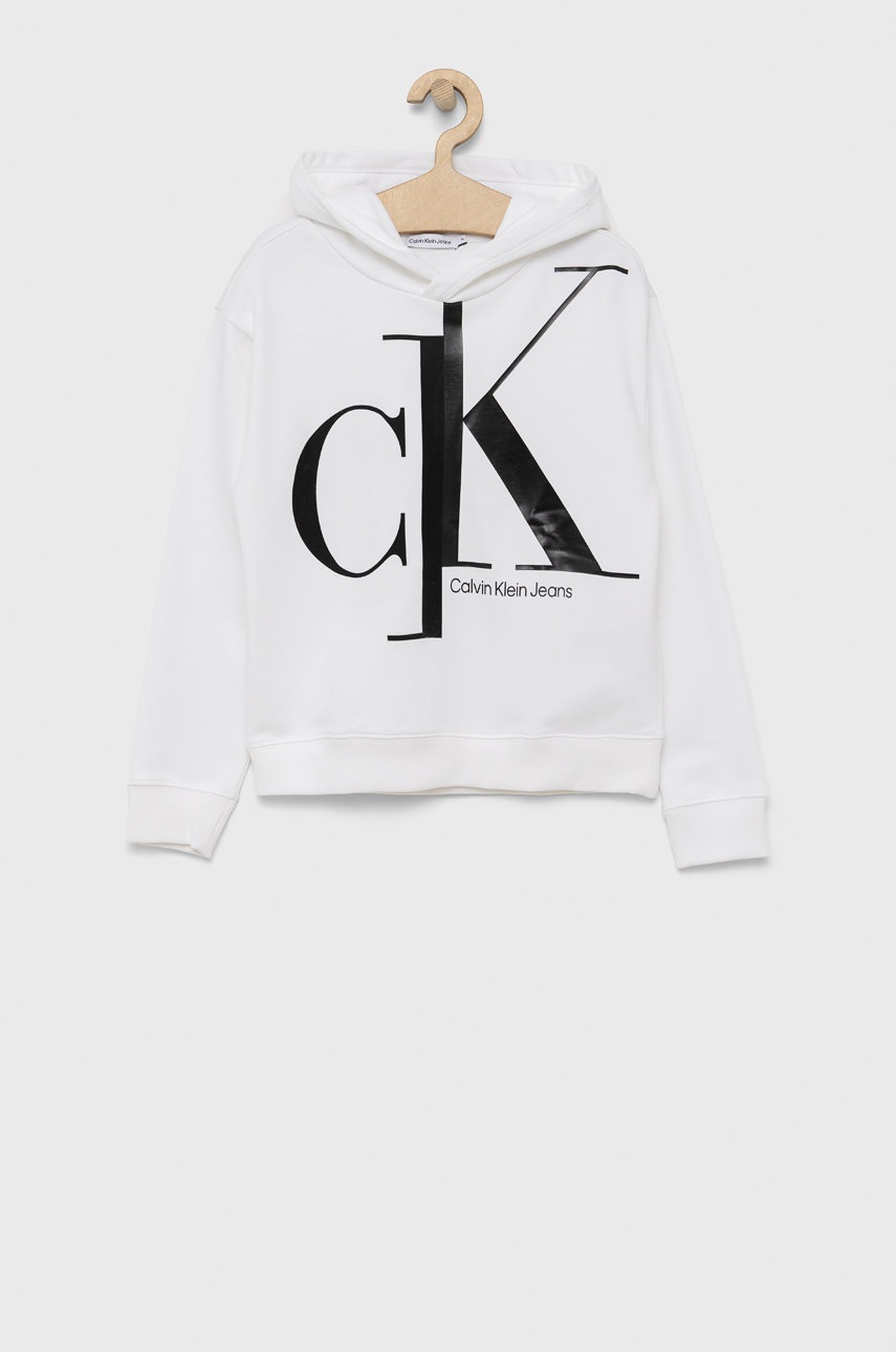 

Детски памучен суичър Calvin Klein Jeans в бяло с принт, Бял