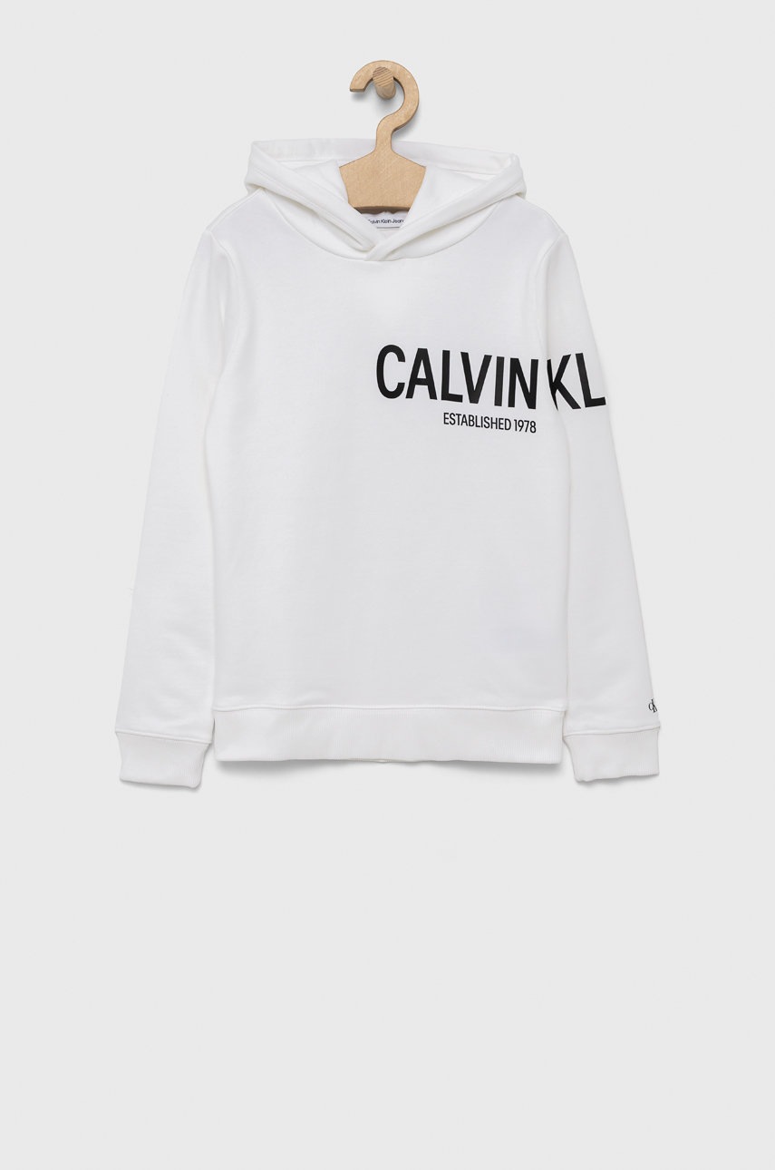 

Детски памучен суичър Calvin Klein Jeans в бяло с принт, Бял