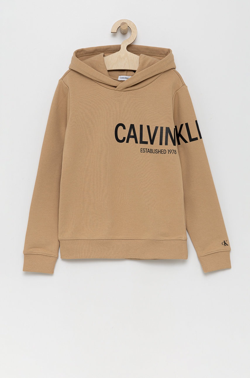 

Детски памучен суичър Calvin Klein Jeans в бежово с принт, Бежов