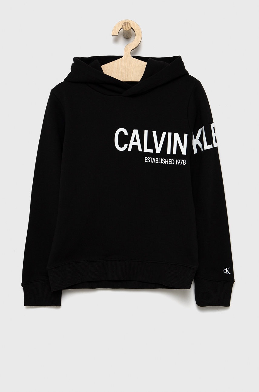 

Детски памучен суичър Calvin Klein Jeans в черно с принт, Черен