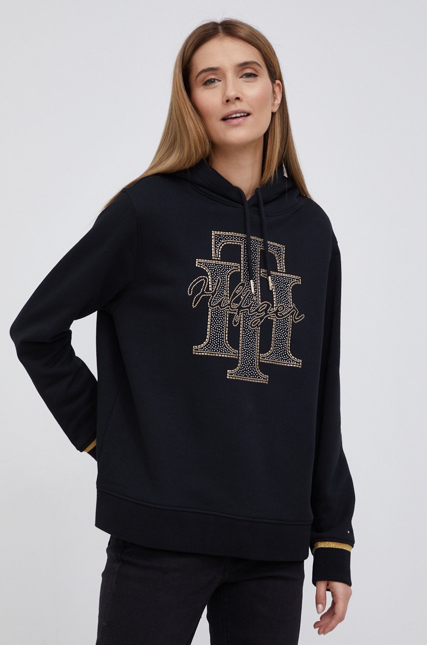 

Памучен суичър Tommy Hilfiger дамски в черно с апликация, Черен