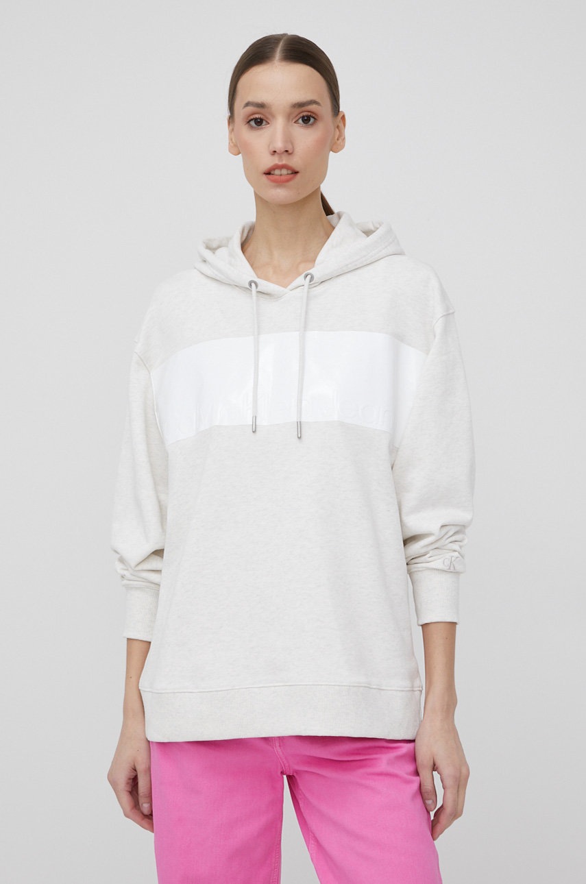 

Памучен суичър Calvin Klein Jeans дамска в сиво с апликация, Сив