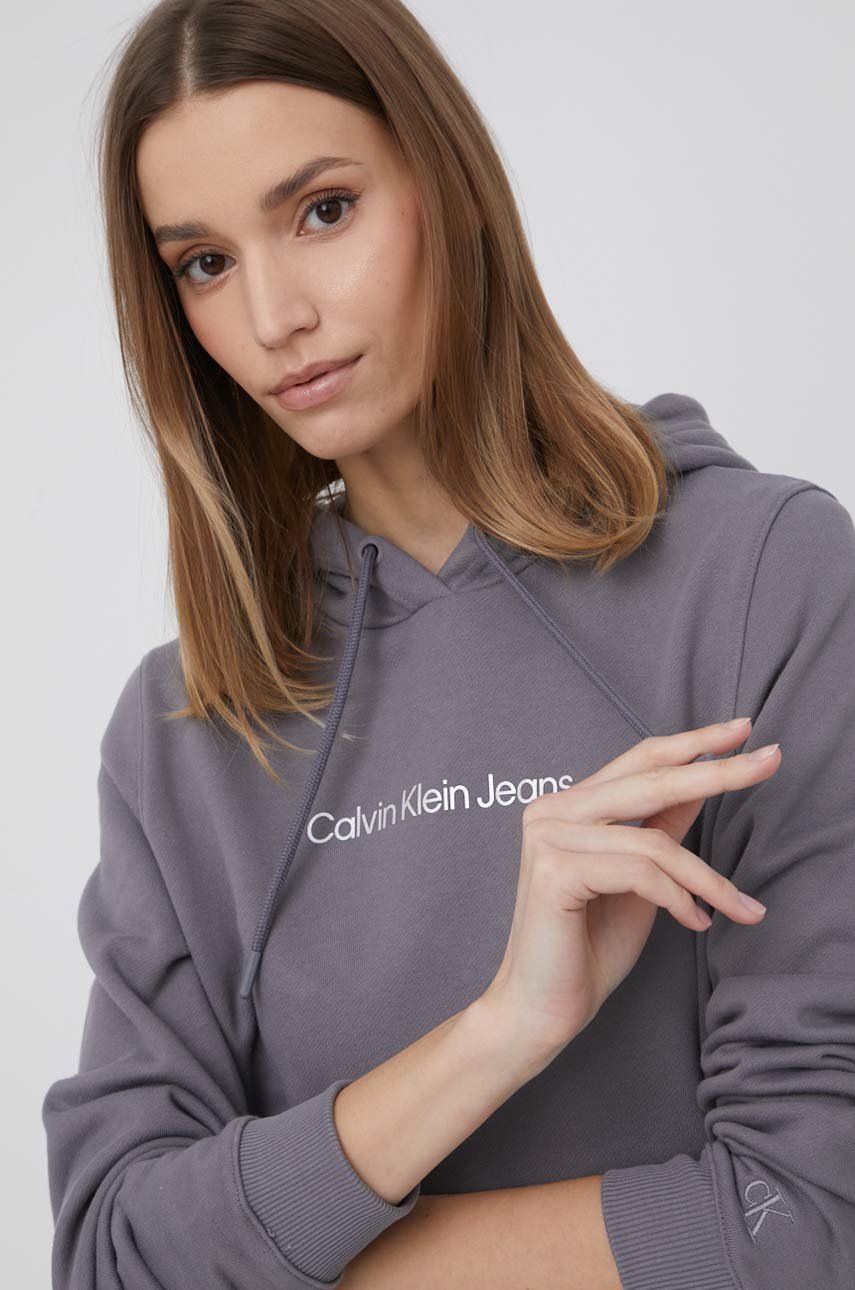 

Памучен суичър Calvin Klein Jeans дамски в сиво с принт, Сив