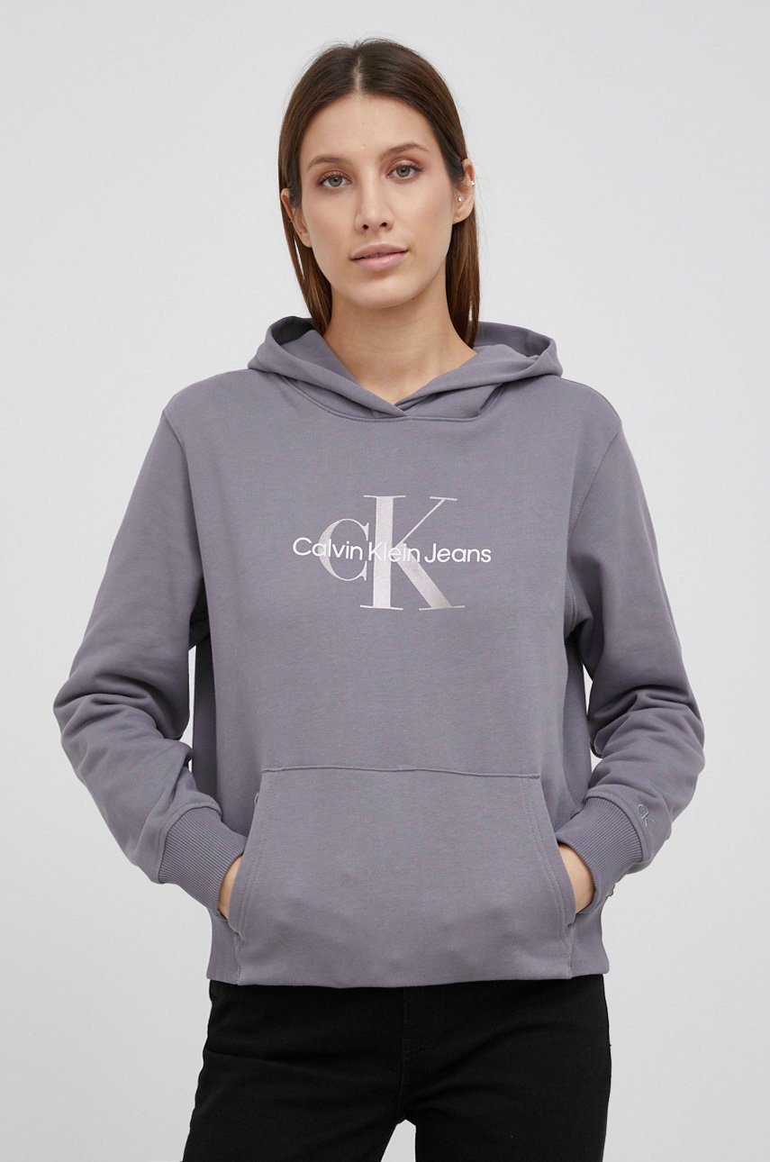 

Памучен суичър Calvin Klein Jeans дамски в сиво с принт, Сив