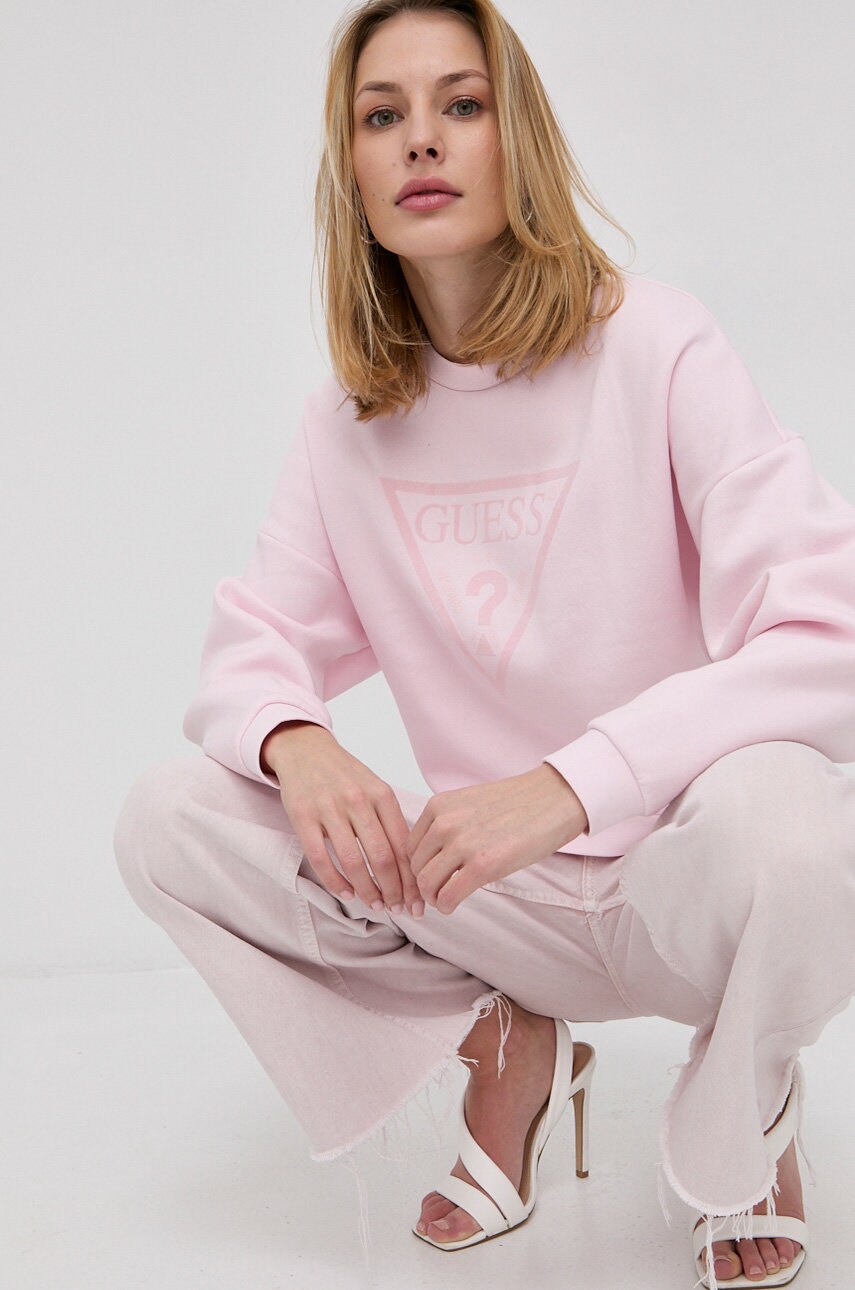

Суичър Guess дамски в розово с апликация, Розов