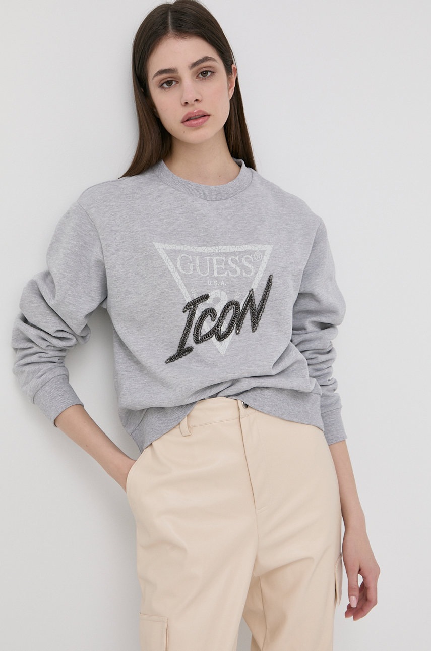 

Хлопковая кофта Guess женская цвет серый с аппликацией