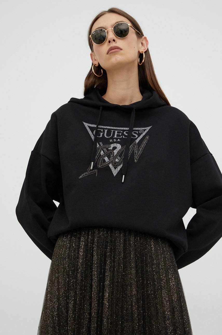 

Памучен суичър Guess в черно с апликация, Черен