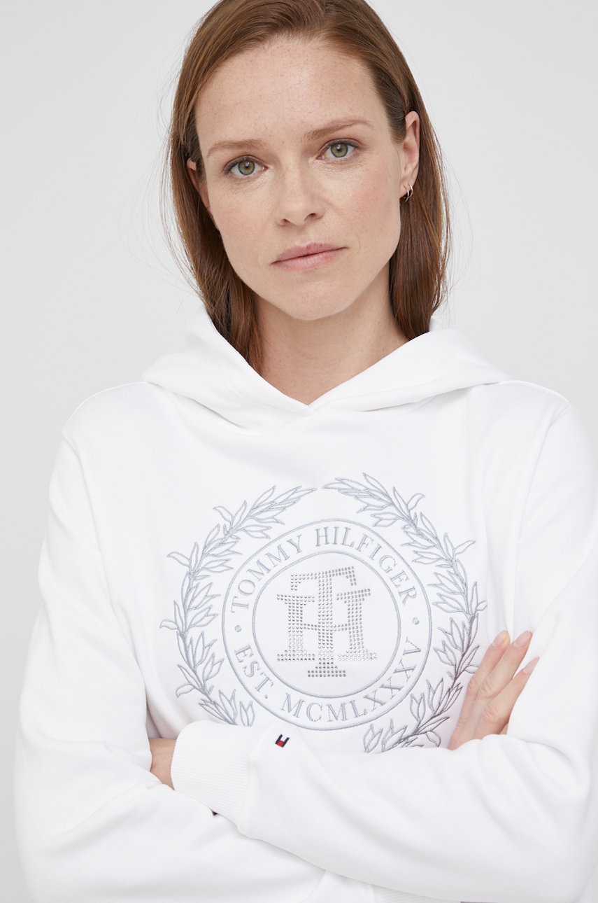 

Памучен суичър Tommy Hilfiger дамска в бяло с апликация, Бял