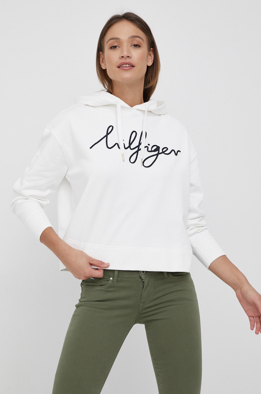

Памучен суичър Tommy Hilfiger дамска в бяло с апликация, Бял