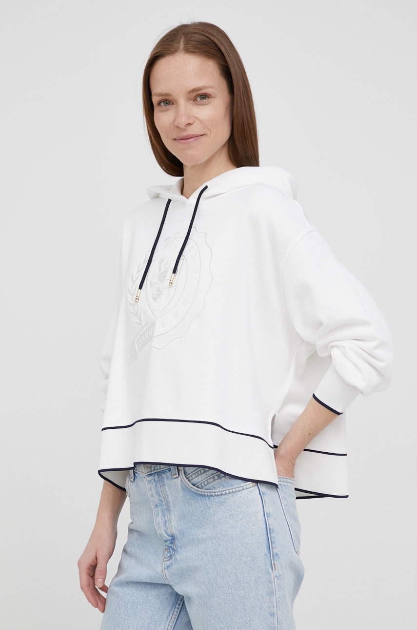

Памучен суичър Tommy Hilfiger Icon дамски в бяло с апликация, Бял