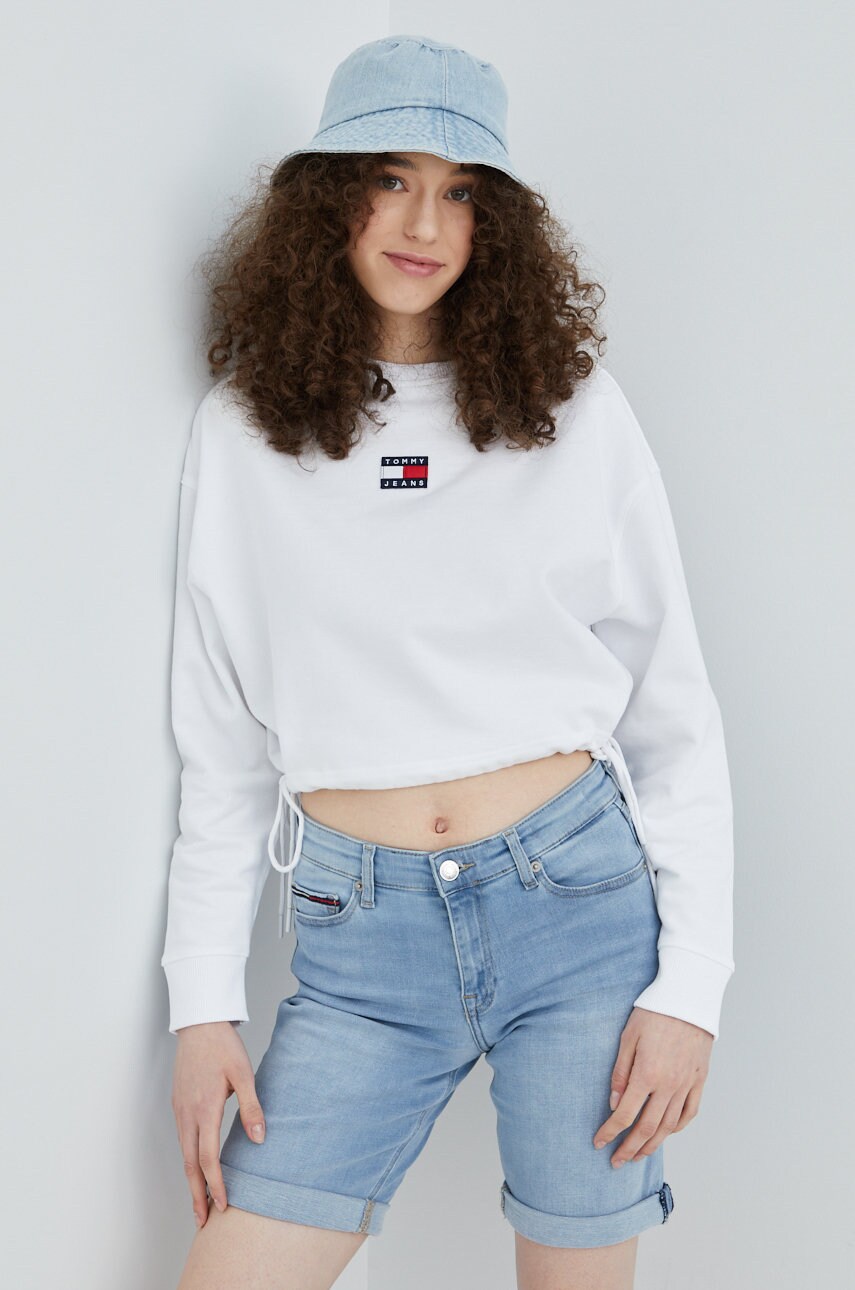 Tommy jeans hanorac de bumbac femei, culoarea alb, neted