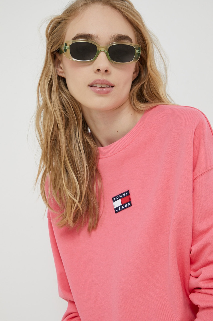 

Памучен суичър Tommy Jeans в розово с изчистен дизайн, Розов