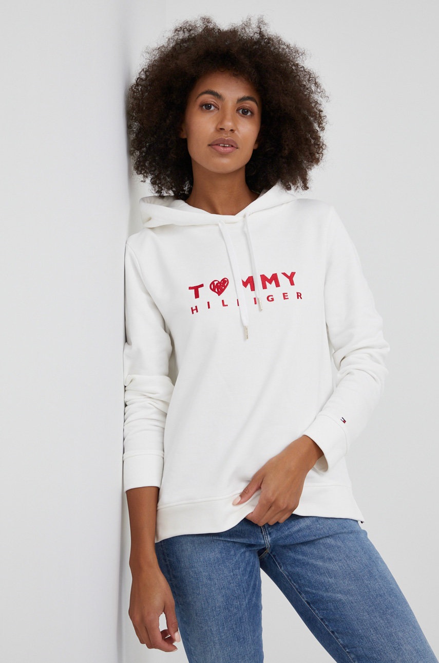 

Памучен суичър Tommy Hilfiger дамски в бяло с апликация, Бял