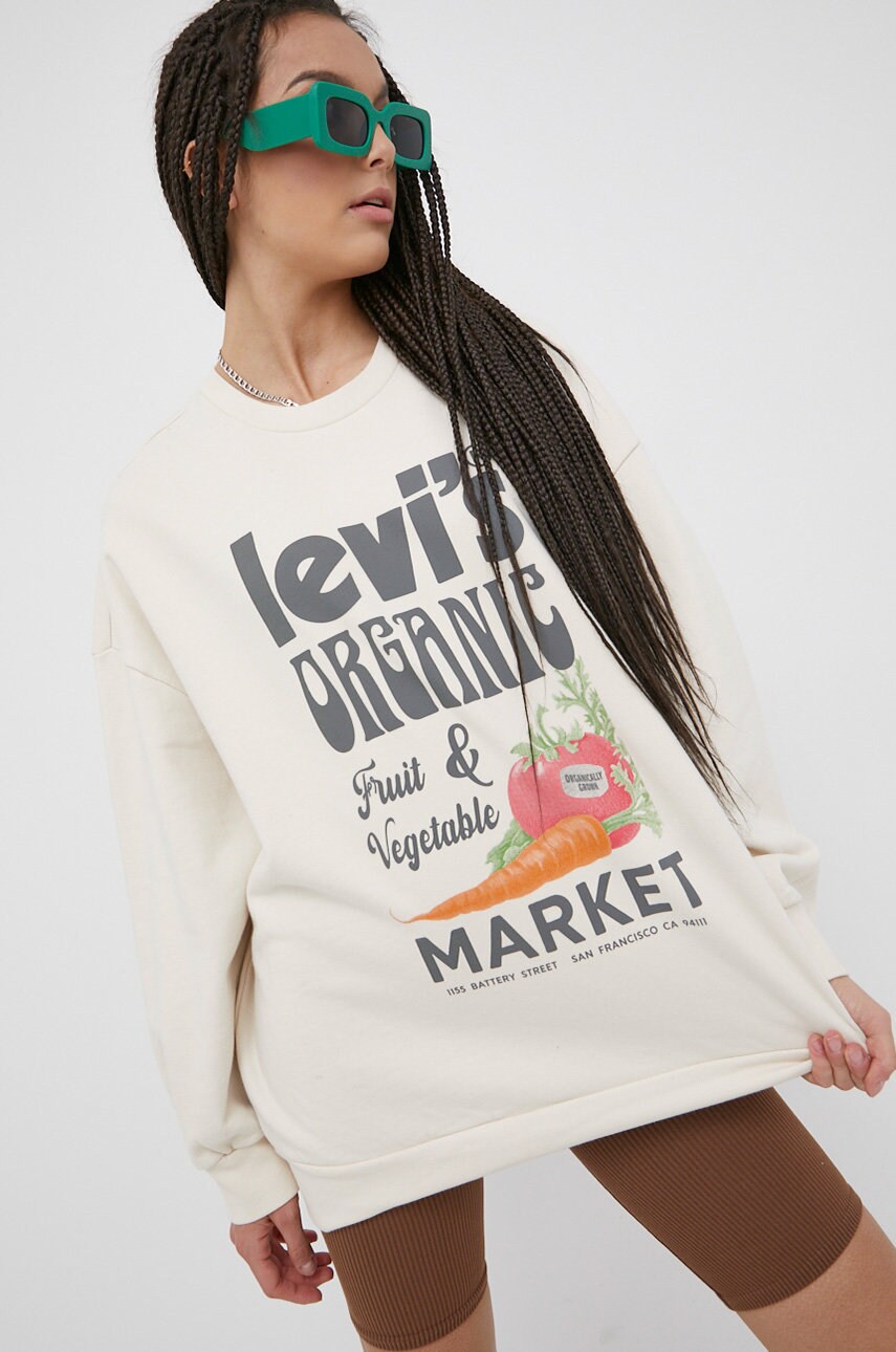 Levi's hanorac de bumbac femei, culoarea bej, cu imprimeu