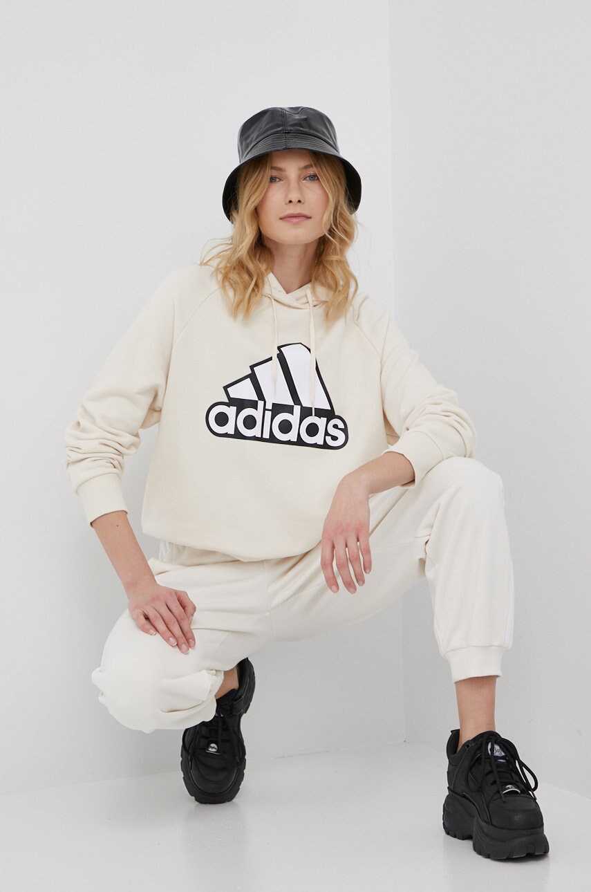 Adidas hanorac de bumbac femei, culoarea bej, cu imprimeu