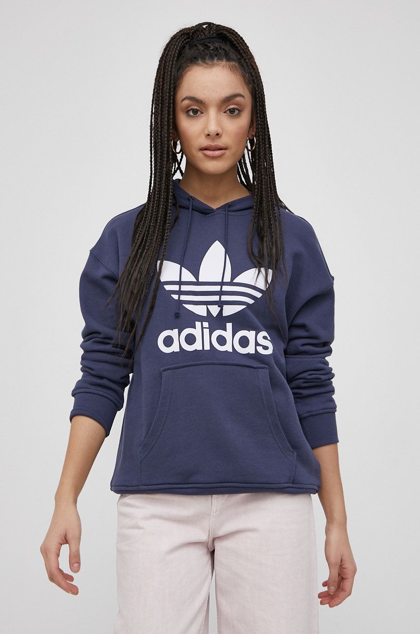 Adidas Originals Hanorac de bumbac femei culoarea albastru marin cu imprimeu