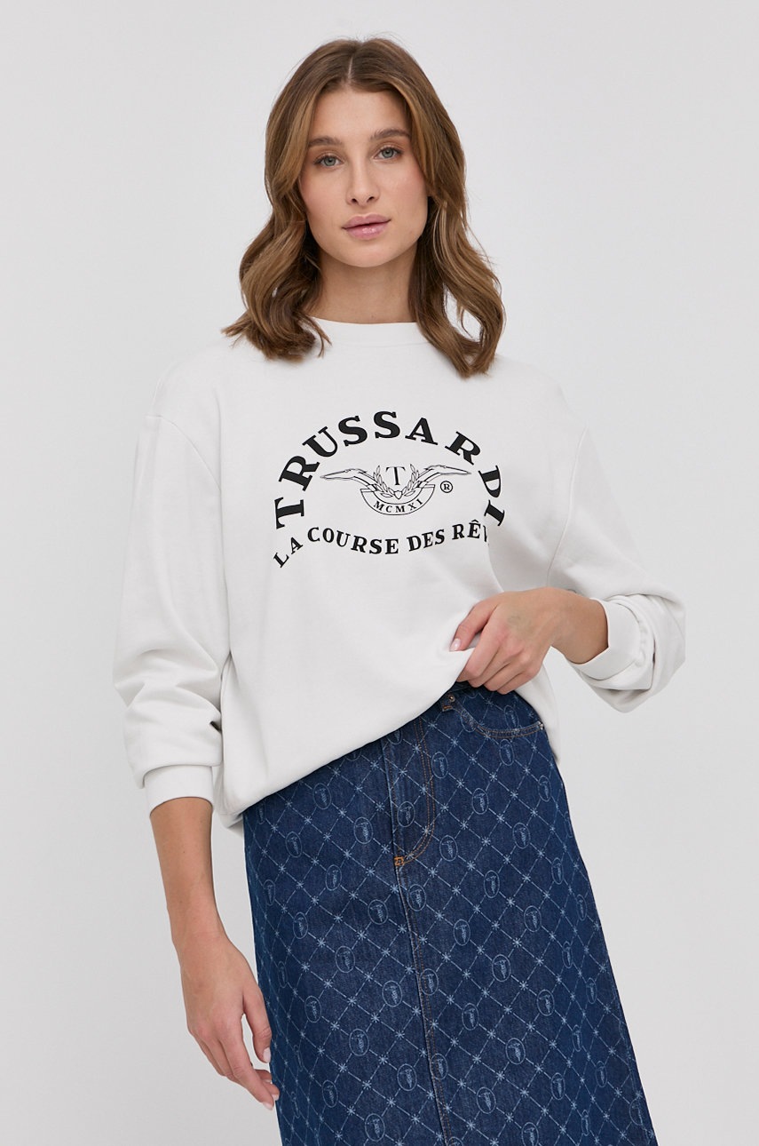 

Памучен суичър Trussardi дамска в бяло с принт, Бял