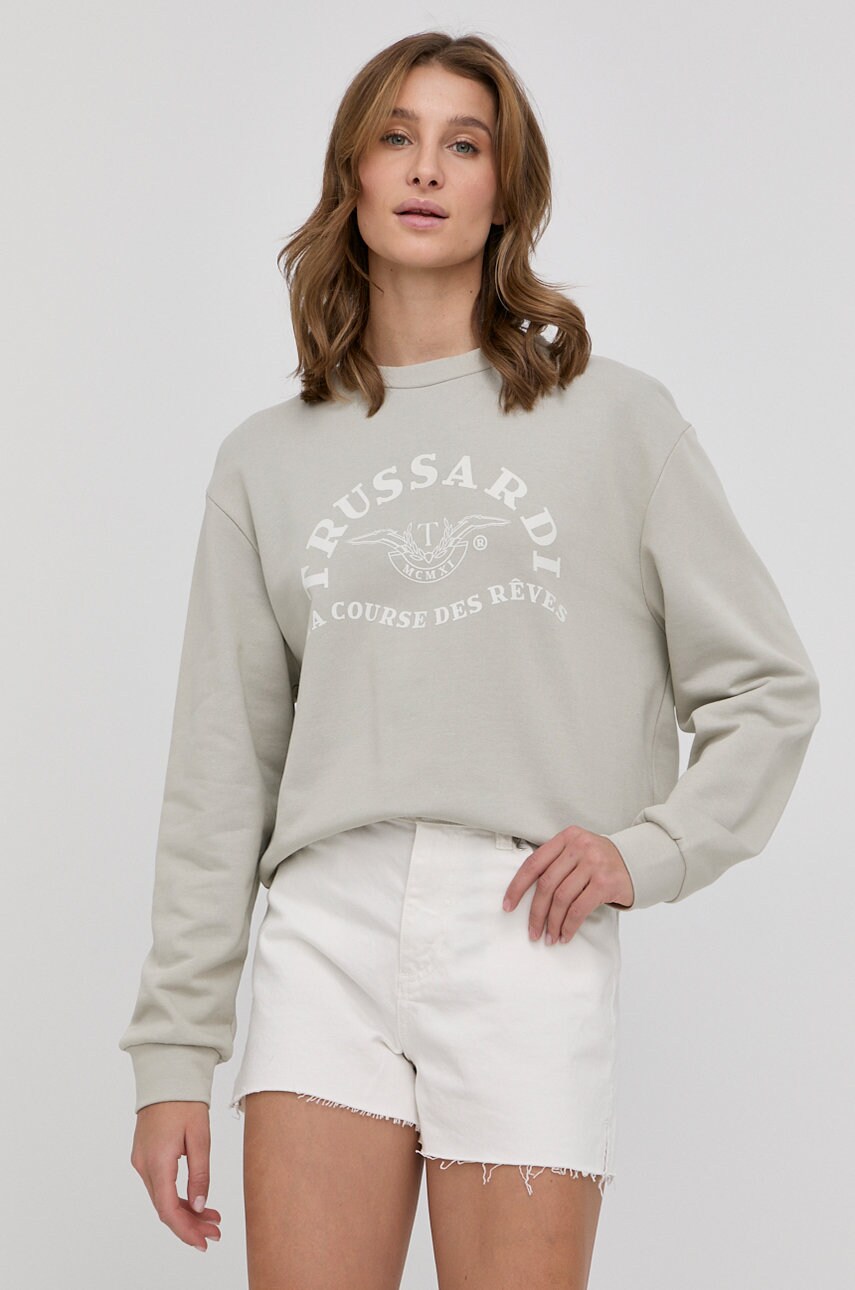 Trussardi hanorac de bumbac femei, culoarea verde, cu imprimeu