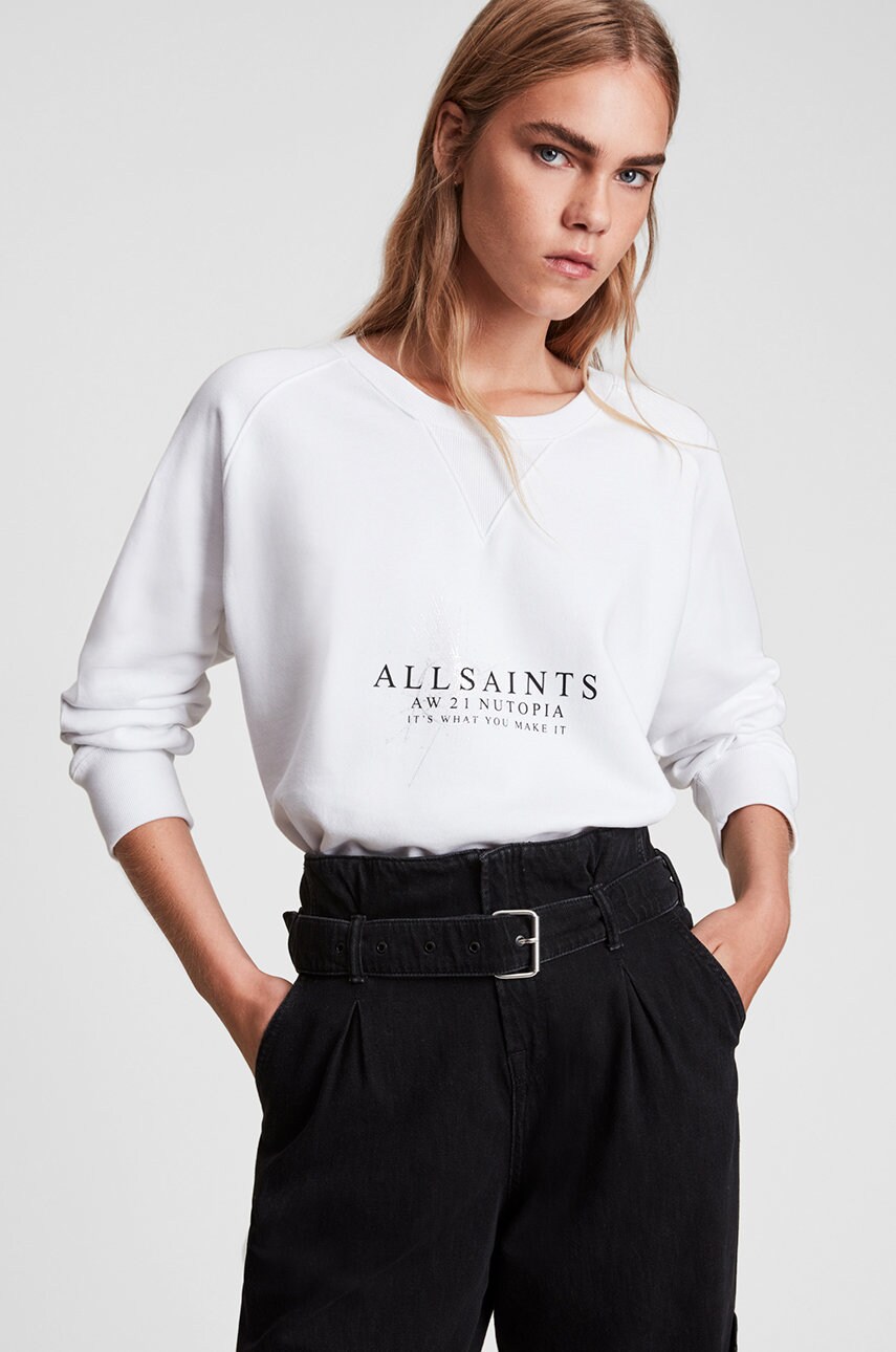 

Памучен суичър AllSaints Deeci дамски в бяло с принт, Бял