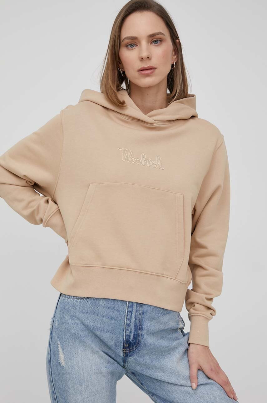 Woolrich hanorac de bumbac femei, culoarea bej, cu imprimeu