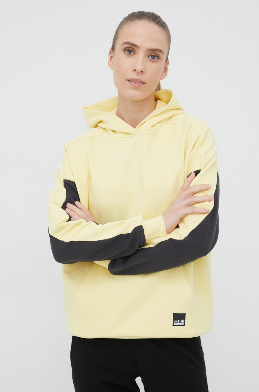 Jack Wolfskin hanorac de bumbac femei, culoarea galben, cu imprimeu
