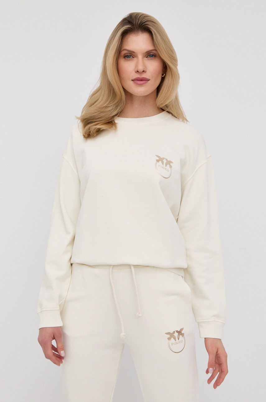 

Памучен суичър Pinko дамска в бежово с изчистен дизайн, Бежов