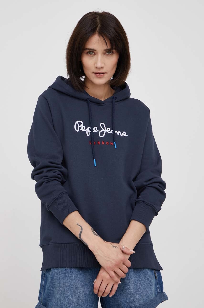 Pepe jeans hanorac de bumbac calista hoodie femei, culoarea albastru marin, cu imprimeu