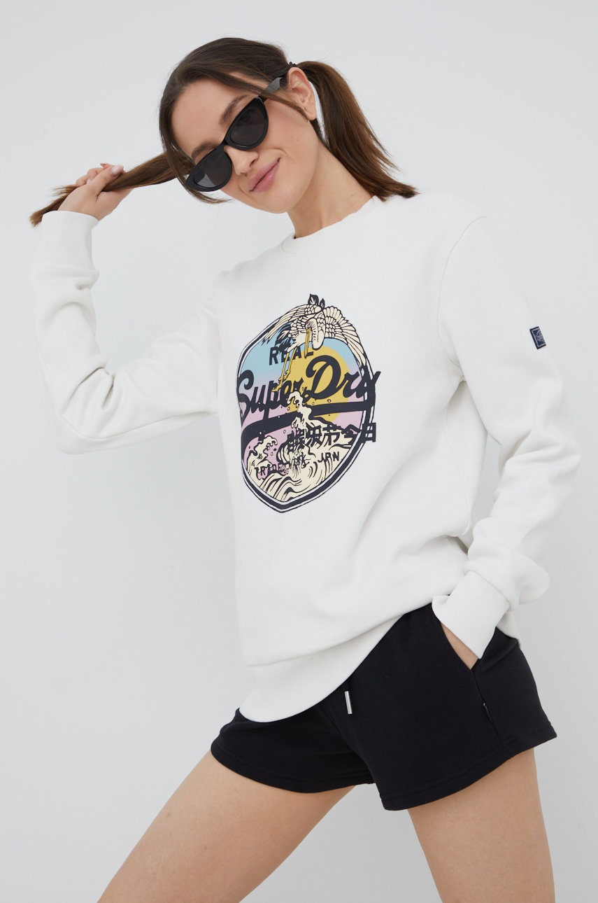 

Суичър Superdry в бяло с принт, Бял
