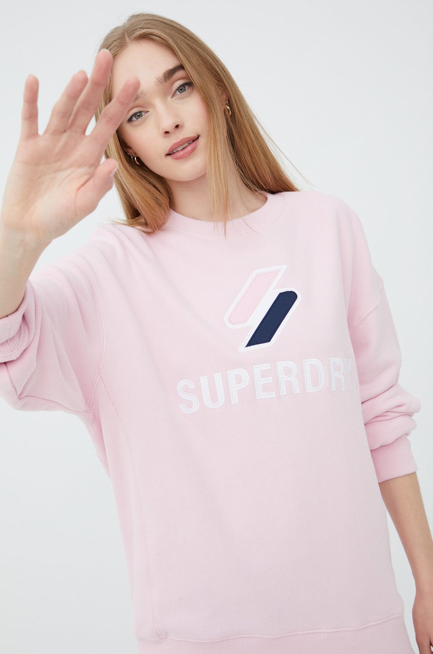 

Памучен суичър Superdry в розово с апликация, Розов