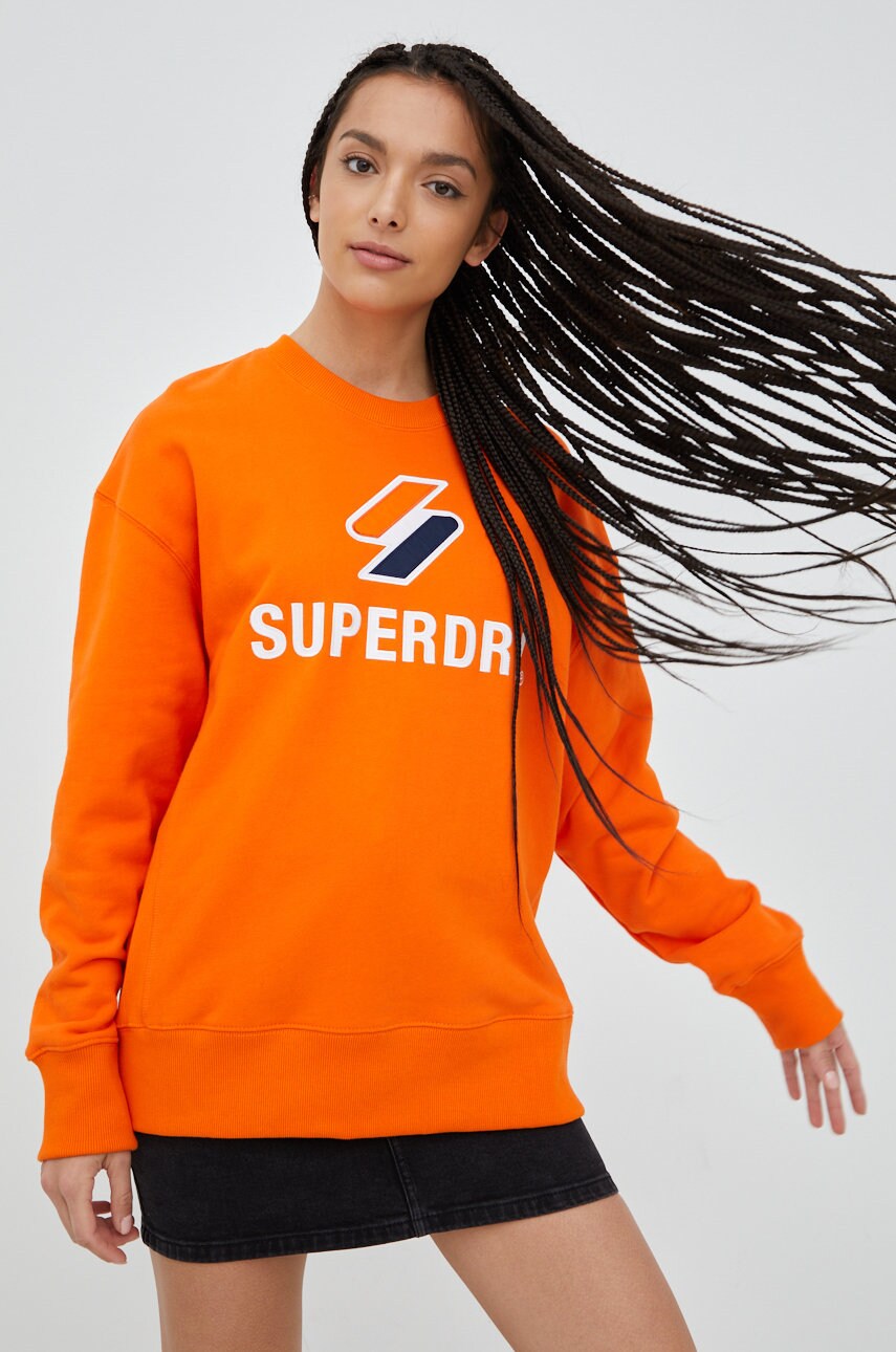 Superdry hanorac de bumbac femei, culoarea portocaliu, cu imprimeu