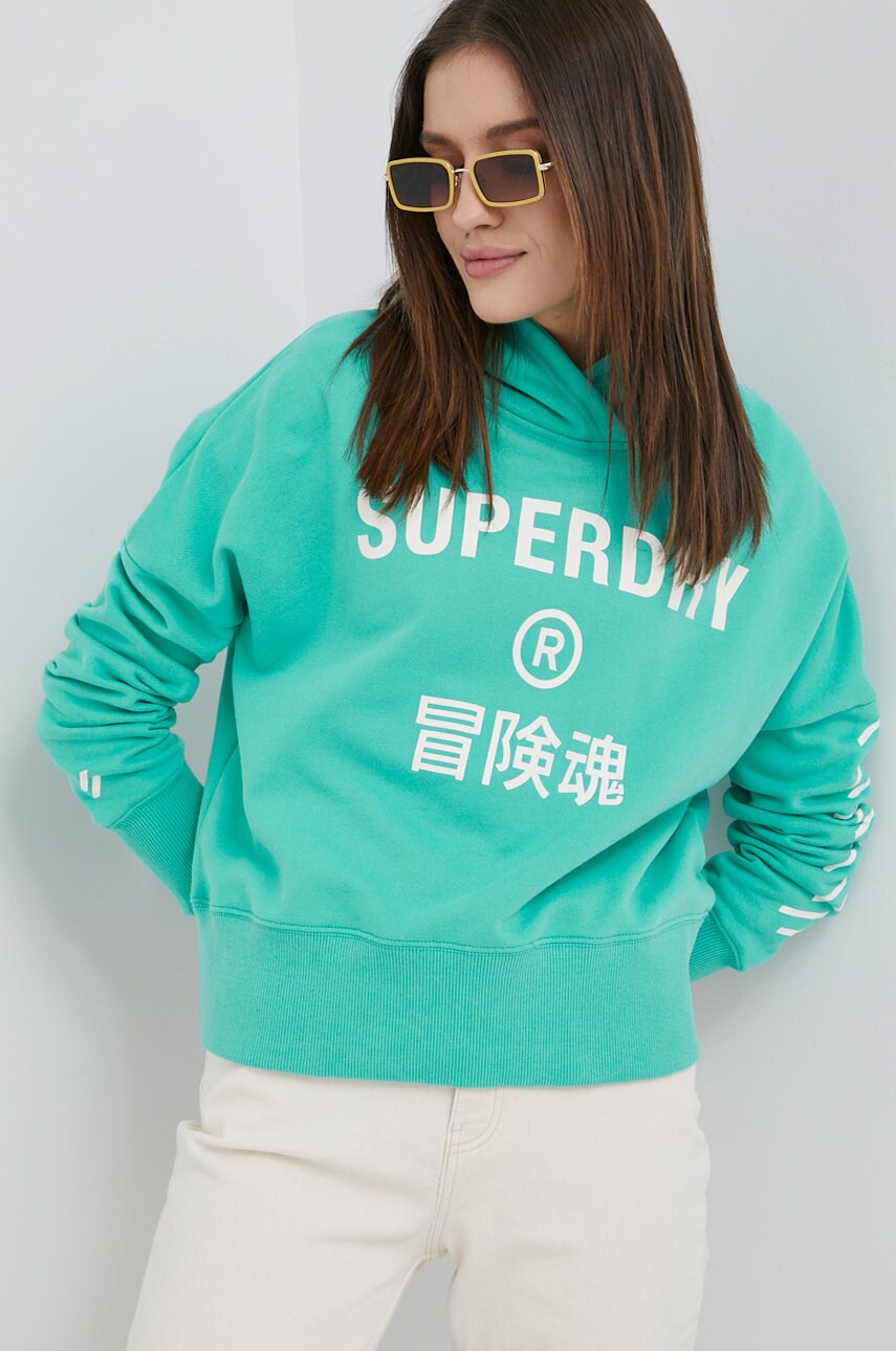 Superdry hanorac de bumbac femei, culoarea turcoaz, cu imprimeu