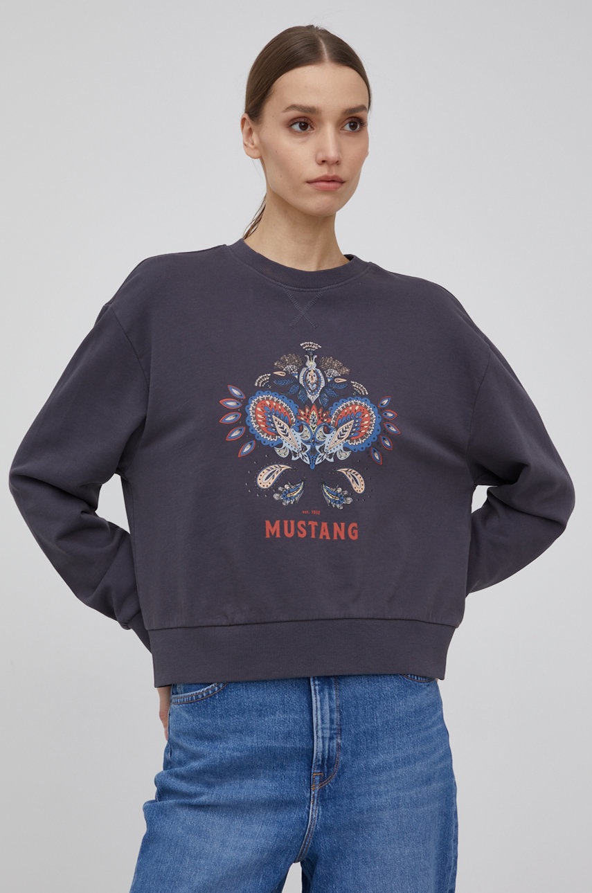 

Памучен суичър Mustang дамска в тъмносиньо с принт, Тъмносин