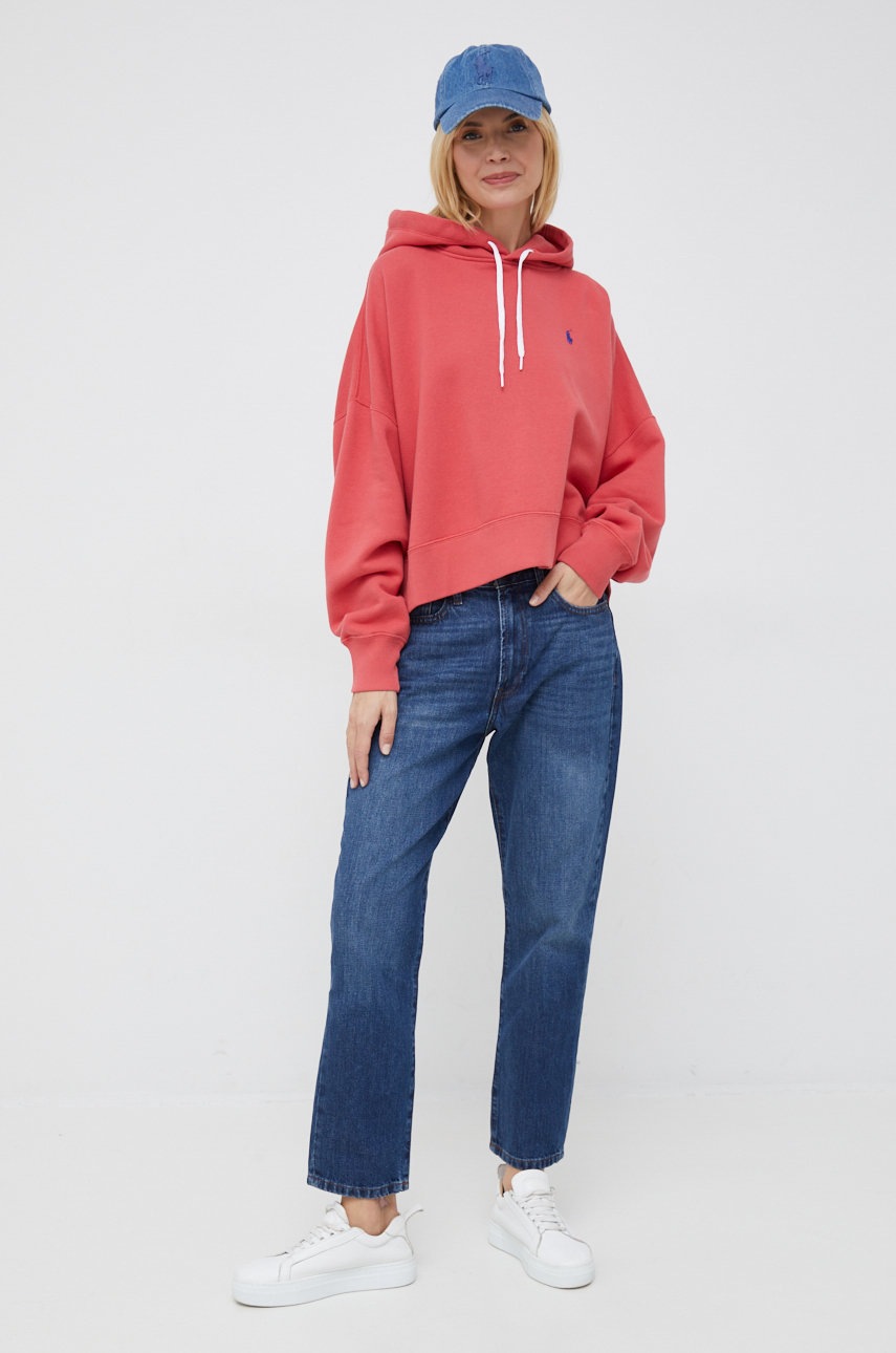 

Кофта Polo Ralph Lauren жіноча колір червоний з капюшоном однотонна