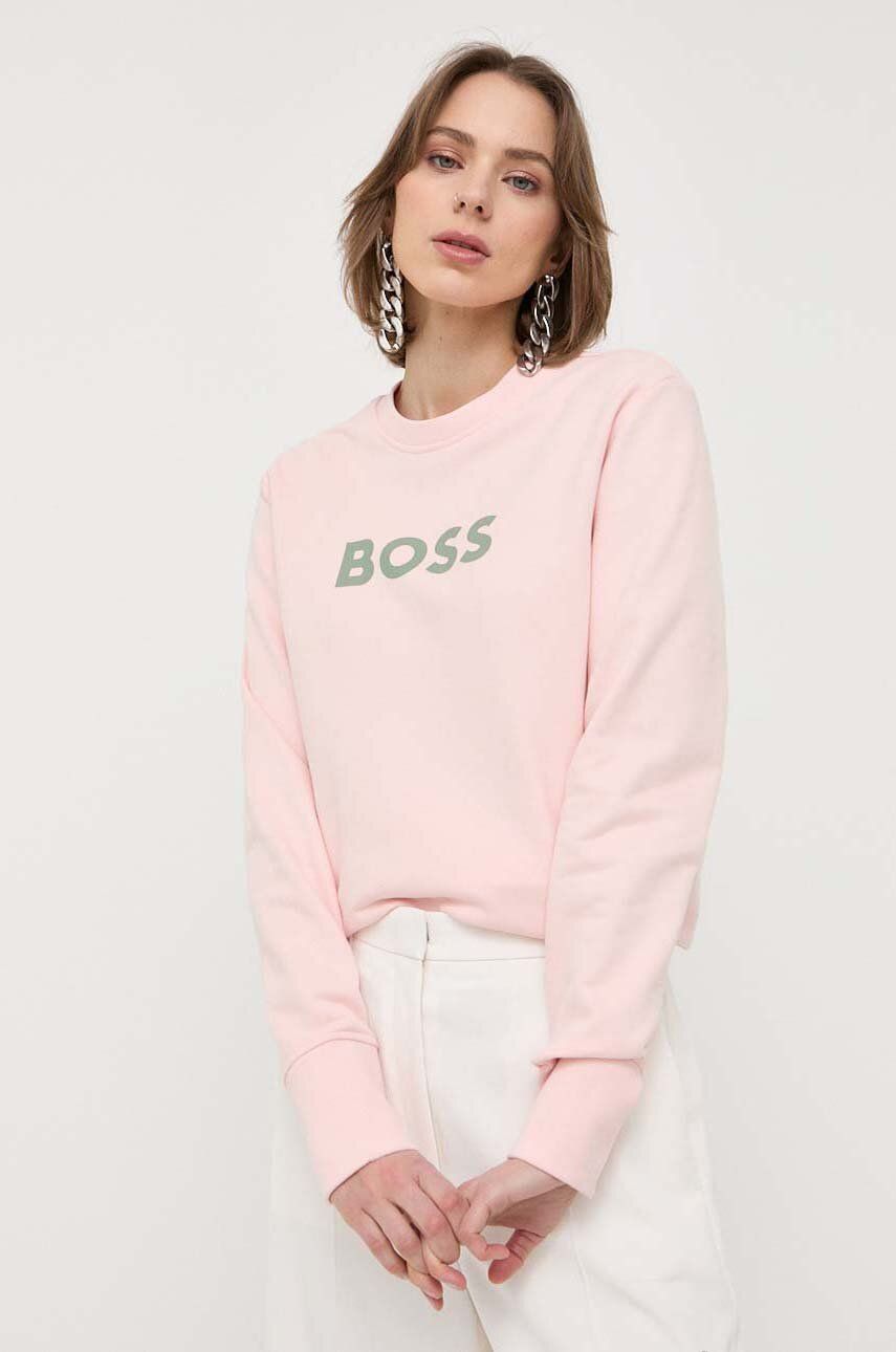E-shop Bavlněná mikina BOSS dámská, růžová barva, s potiskem