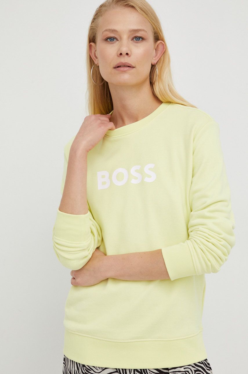 BOSS hanorac de bumbac femei, culoarea verde, cu imprimeu 50468357