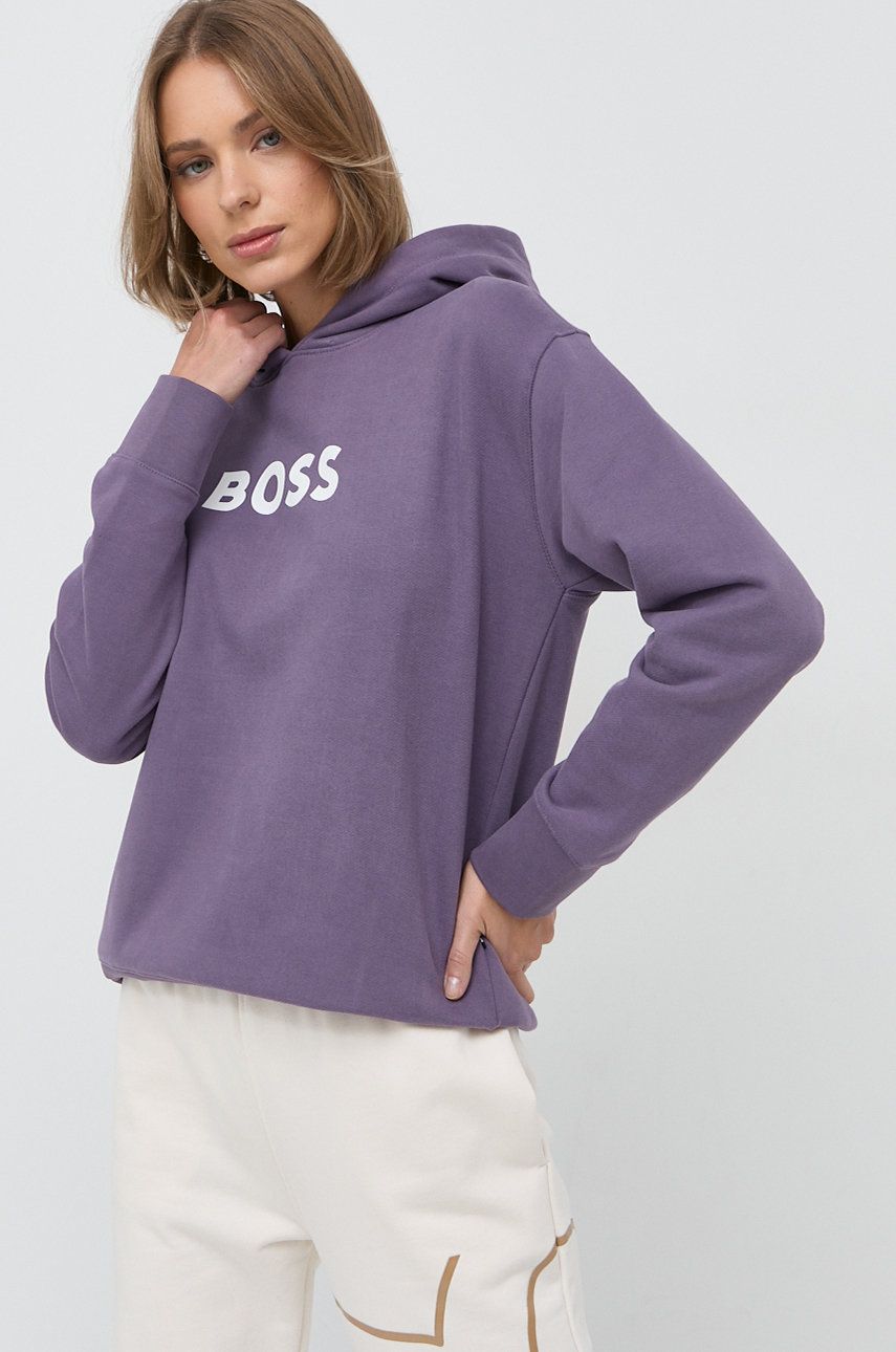 Bavlněná mikina BOSS dámská, fialová barva, s kapucí, s potiskem