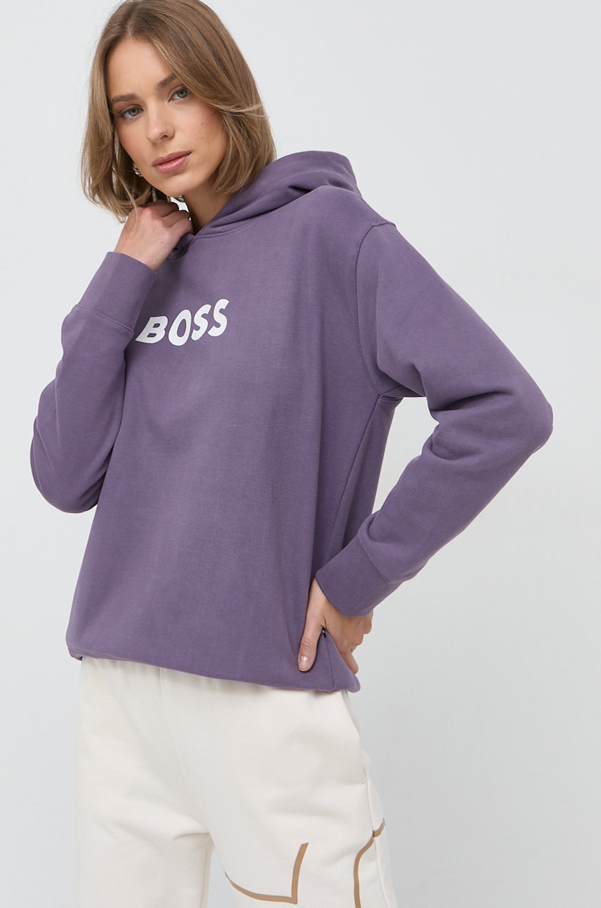 BOSS hanorac de bumbac femei, culoarea violet, cu glugă, cu imprimeu