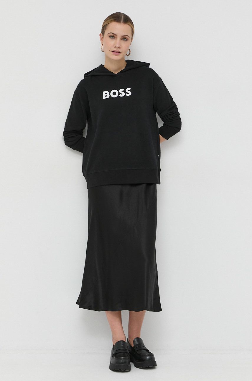 Levně Bavlněná mikina BOSS dámská, černá barva, s kapucí, s potiskem, 50468367