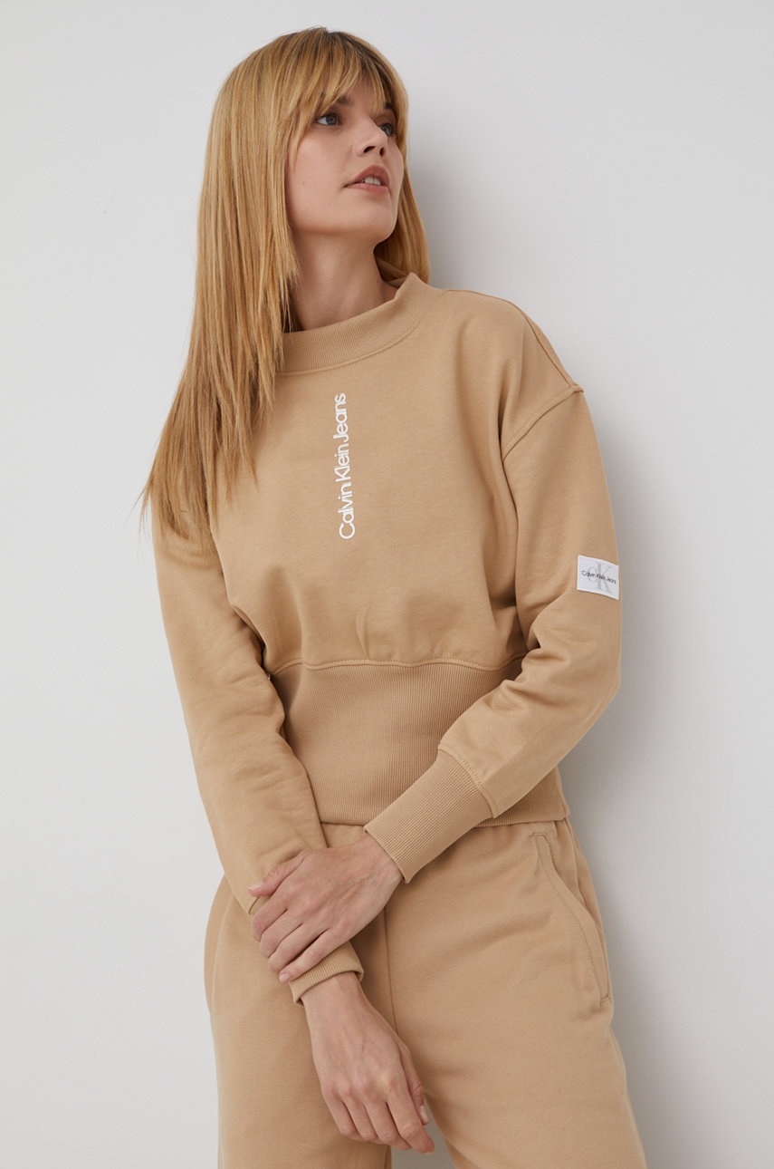 

Памучен суичър Calvin Klein Jeans дамска в бежово с принт, Бежов