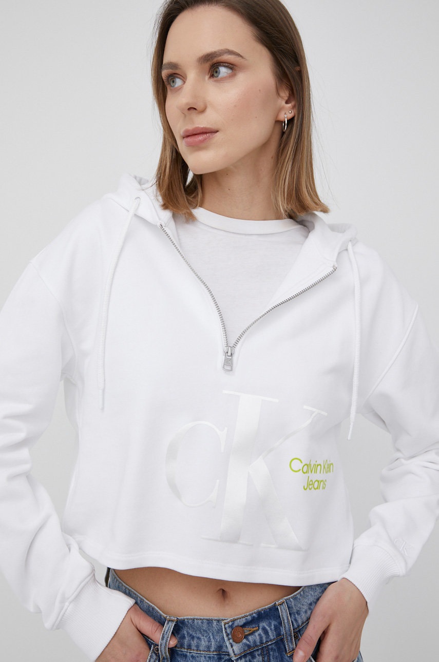 

Памучен суичър Calvin Klein Jeans дамска в бяло с принт, Бял