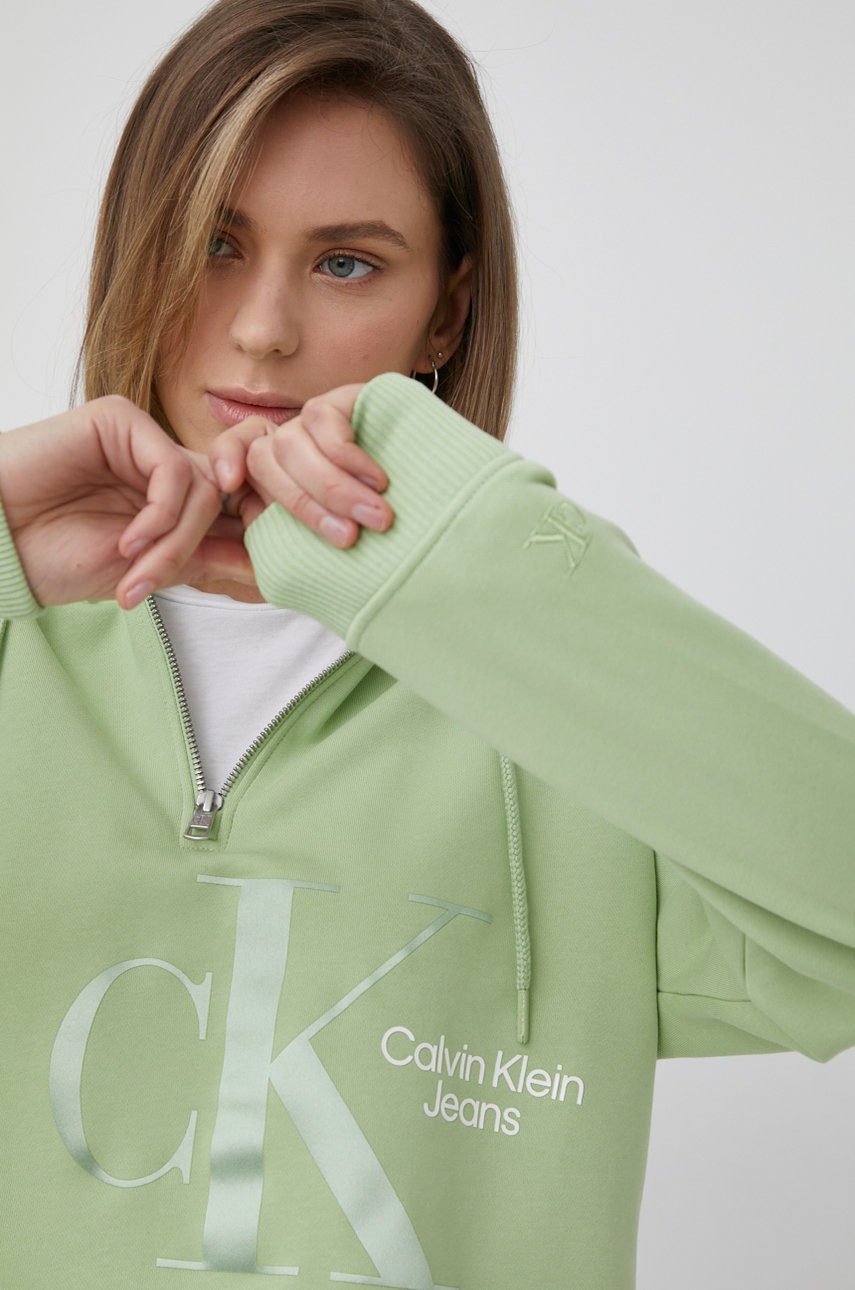 

Памучен суичър Calvin Klein Jeans дамска в зелено с принт, Зелен