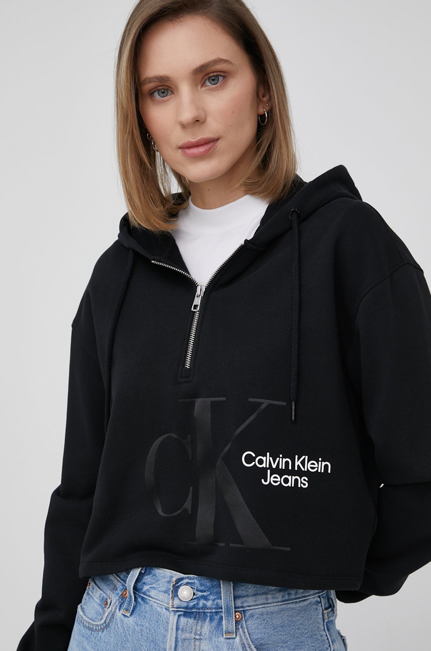 

Памучен суичър Calvin Klein Jeans дамска в черно с принт, Черен