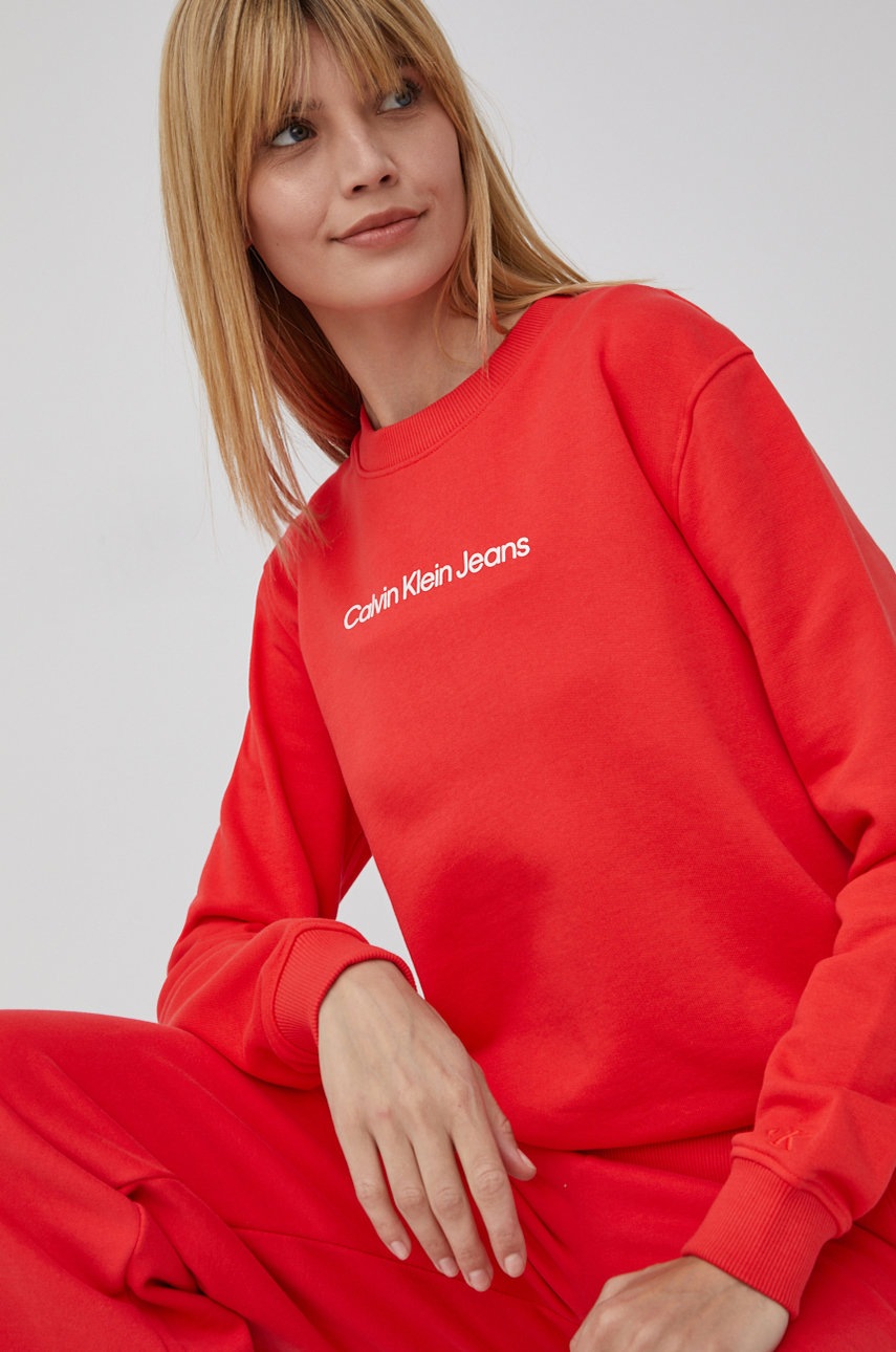 

Памучен суичър Calvin Klein Jeans дамска в червено с принт, Червен