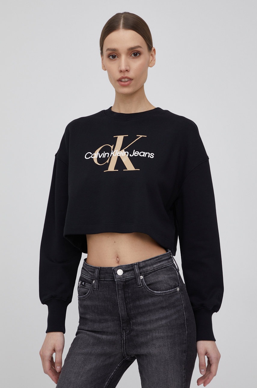 

Памучен суичър Calvin Klein Jeans дамска в черно с принт, Черен