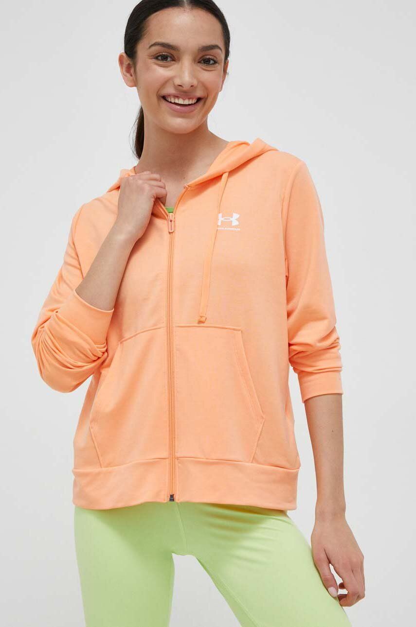 Mikina Under Armour dámská, oranžová barva, s kapucí, s potiskem - oranžová -  70 % Polyester