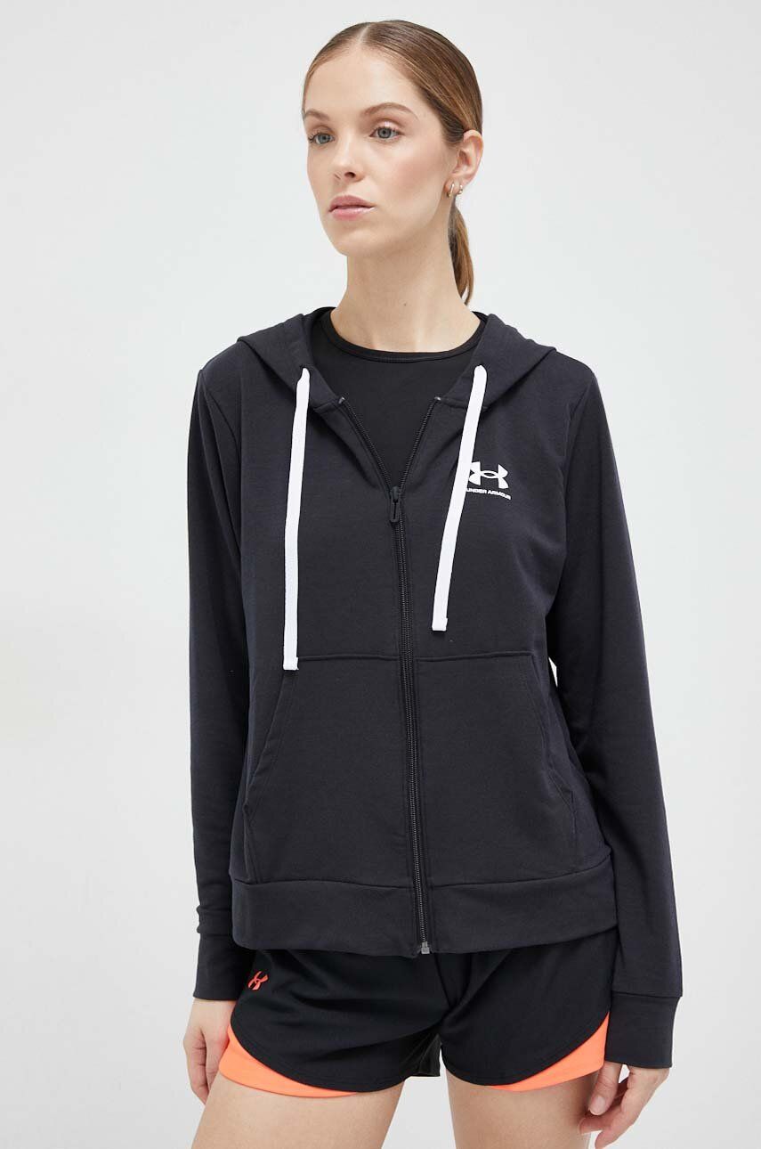 Under Armour Bluza Femei, Culoarea Negru, Cu Gluga, Cu Imprimeu